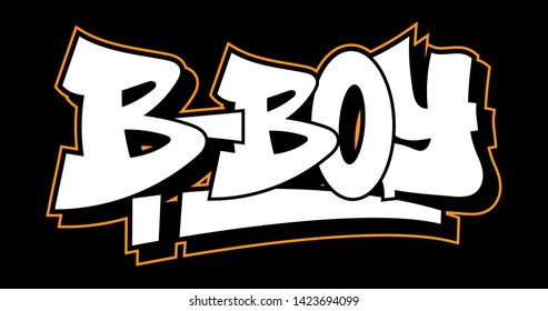 Graffiti inscription B-BOY decorative lettering street art free wild style on the wall city urban illegal action by using aerosol spray paint. Underground hip-hop type old school vector illustration.
