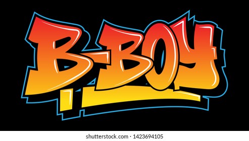 Graffiti inscription B-BOY decorative lettering street art free wild style on the wall city urban illegal action by using aerosol spray paint. Underground hip-hop type old school vector illustration.