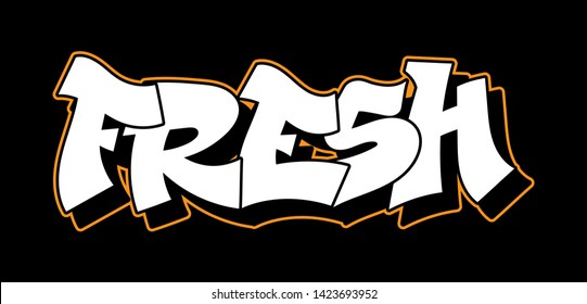 Graffiti inscription fresh decorative lettering vandal street art free wild style on the wall city urban illegal action by using aerosol spray paint. Underground hip hop type vector illustration.