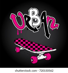 Graffiti inscription "Urban" and skateboard. Vector illustration. Multicolored skateboard.
