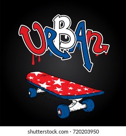 Graffiti inscription "Urban" and skateboard. Vector illustration. Multicolored skateboard.

