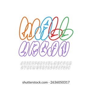 Grafite fonte em itálico, alfabeto cômico no estilo de arte de rua, letras estreitas funky e números feitos contorno, ilustração vetorial 10EPS