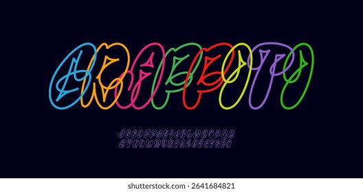 Graffiti italic font, comic alphabet in the street art style, funky narrow letters and numbers made outline, vector illustration 10EPS