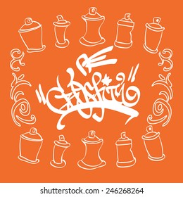 Graffiti label with balloons on orange background. Can be used as print for cloth. Vector illustration.
