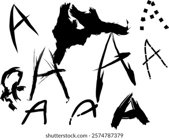 graffiti letter A font set, handwritten letter A in thick black watercolor acrylic ink, A logo