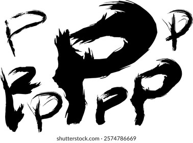 graffiti letter P font set, handwritten letter P in thick black watercolor acrylic ink, P logo