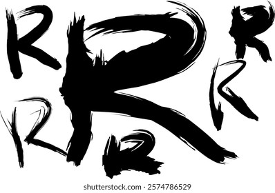 graffiti letter R font set, handwritten letter R in thick black watercolor acrylic ink, R logo