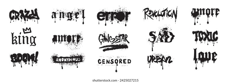 Graffiti lettering icon set, vector spray freehand grunge tattoo print urban street style quote. Handwriting splatter words, splash effect ink text dark brushstroke letters. Graffiti lettering clipart