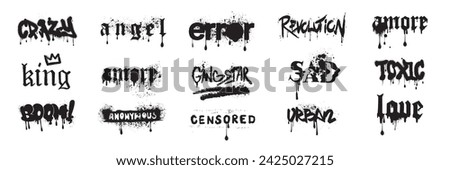 Graffiti lettering icon set, vector spray freehand grunge tattoo print urban street style quote. Handwriting splatter words, splash effect ink text dark brushstroke letters. Graffiti lettering clipart