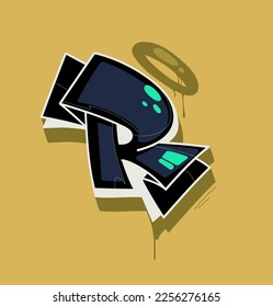 Graffiti lettering illustration. Single black letter R logo in graffiti style 