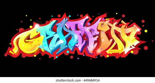 Graffiti lettering on black background. Street art style. Wild style graffiti letters. Vector illustration.