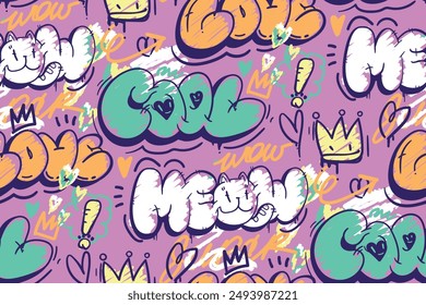 Graffiti lettering pattern with text meow, cool, love. Street art style ornament for sport textile, wrapping paper. Hearts, exclamation sign. 