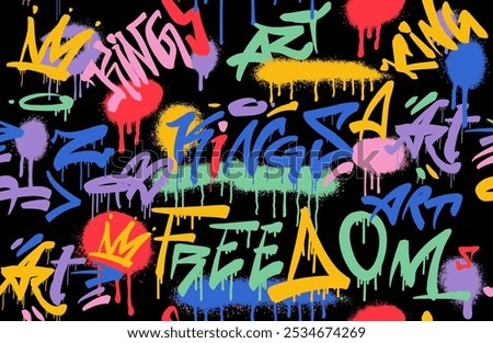 Graffiti lettering seamless pattern elements in the grunge style with tags, spray, drips, blobs. Design urban savage spray paint art. Street creative vector teenage graffiti for tee t shirt, poster.