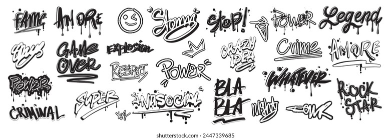 Graffiti lettering sticker set, vector spray paint urban icon kit, street typography hip-hop text. Calligraphy handwriting fashion print, splatter grunge wall tags, freehand sign. Graffiti sticker art