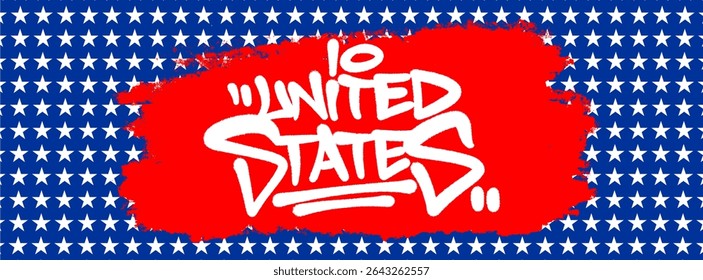 Graffiti lettering of UNITED STATES with bold spray paint strokes in red, white, and blue. Great for edgy Independence Day visuals and urban patriotic design needs.