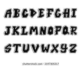Letra graffiti font.Vector línea dibujada a mano ilustración de caricatura. Cartas de graffiti,abc,urban, letra estampada de moda para camisetas,afiche,logo artístico concepto