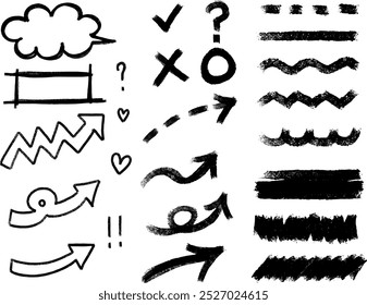 Graffiti lines chalk brush elements set. Texture brush strokes squares, spirals, arrows elements graffiti lines hand drawn sketch design. Crayon pencil style. Vector illustration