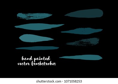 Graffiti Lines. Hand Painted Blue Buttons, Turquoise Highlights. Vector Brushstrokes or Banners. Textured Doodles or Smears. Background Turquoise Swatch Collection. Vintage Logo Scribble Paint Element