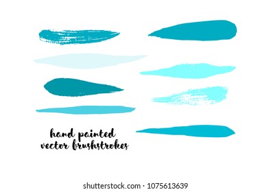 Graffiti Lines. Hand Painted Blue Buttons, Turquoise Highlights. Vector Brushstrokes or Banners. Textured Doodles or Smears. Background Turquoise Swatch Collection. Vintage Logo Scribble Paint Element
