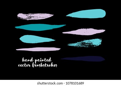 Graffiti Lines. Hand Painted Blue Buttons, Turquoise Highlights. Vector Brushstrokes or Banners. Textured Doodles or Smears. Background Turquoise Swatch Collection. Vintage Logo Scribble Paint Element