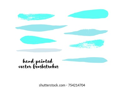 Graffiti Lines. Hand Painted Blue Buttons, Turquoise Highlights. Vector Brushstrokes or Banners. Textured Doodles or Smears. Background Turquoise Swatch Collection. Vintage Logo Scribble Paint Element