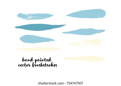 Graffiti Lines. Hand Painted Blue Buttons, Turquoise Highlights. Vector Brushstrokes or Banners. Textured Doodles or Smears. Background Turquoise Swatch Collection. Vintage Logo Scribble Paint Element