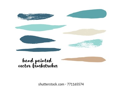 Graffiti Lines. Hand Painted Blue Buttons, Turquoise Highlights. Vector Brushstrokes or Banners. Textured Doodles or Smears. Background Turquoise Swatch Collection. Vintage Logo Scribble Paint Element