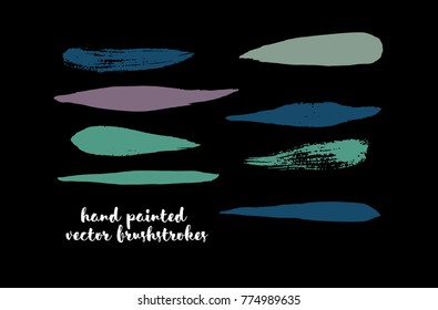 Graffiti Lines. Hand Painted Blue Buttons, Turquoise Highlights. Vector Brushstrokes or Banners. Textured Doodles or Smears. Background Turquoise Swatch Collection. Vintage Logo Scribble Paint Element