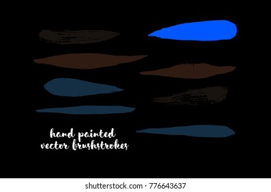 Graffiti Lines. Hand Painted Blue Buttons, Colorful Highlights. Vector Brushstrokes or Banners. Textured Doodles or Smears. Background Turquoise Swatch Collection. Vintage Logo Scribble Paint Elements