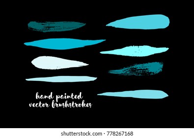 Graffiti Lines. Hand Painted Blue Buttons, Turquoise Highlights. Vector Brushstrokes or Banners. Textured Doodles or Smears. Background Turquoise Swatch Collection. Vintage Logo Scribble Paint Element