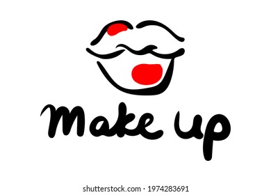 Graffiti lips in the form of a kiss with strokes of red lipstick and the inscription Make up. Vector illustration icon and symbol for logo, t-shirt design, textile, for makeup artist.