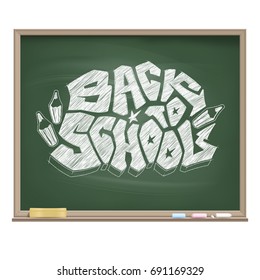 Graffiti logo Back to School drawn by a white chalk on the educational green board. Original vector symbol of readiness for a new school season. Banner dedicated for the 1 September. Isolated object.