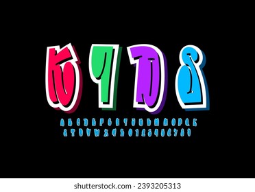 Graffiti long 3d font, comic alphabet, joyful narrow lowercase letters and numbers, vector illustration 10EPS