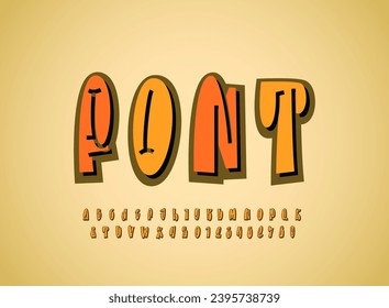 Graffiti long 3d font, comic alphabet in the cartoon style, joyful narrow uppercase letters and numbers, vector illustration 10EPS