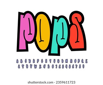 Graffiti long font, comic alphabet in the cartoon style, narrow uppercase letters and numbers, vector illustration 10EPS