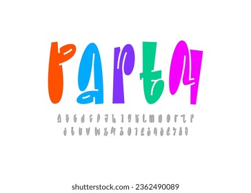 Graffiti long font, comic alphabet in the cartoon style, multi-colored narrow lowercase letters and numbers, vector illustration 10EPS