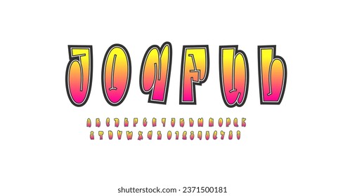 Graffiti long font, comic alphabet in the cartoon style, joyful narrow uppercase letters and numbers, vector illustration 10EPS