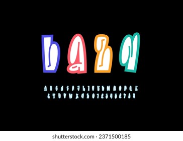 Graffiti long font, comic alphabet in the cartoon style, kids narrow lowercase letters and numbers, vector illustration 10EPS