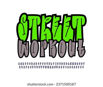 Graffiti-lange Schriftart, Comic-Alphabet im Stil der Street Art, funky, schmale Groß- und Kleinbuchstaben und -ziffern, Vektorgrafik 10EPS