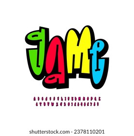 Graffiti long font, comic alphabet in the cartoon style, narrow lowercase letters and numbers, vector illustration 10EPS