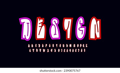 Graffiti long font, comic alphabet in the cartoon style, joyful narrow uppercase letters and numbers, vector illustration 10EPS