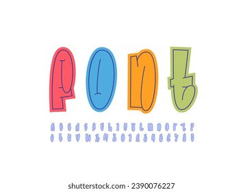Graffiti long font, comic alphabet in the street style, narrow lowercase letters and numbers, vector illustration 10EPS
