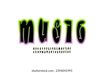 Graffiti long font, comic alphabet in the cartoon style, joyful narrow lowercase black letters and numbers, vector illustration 10EPS