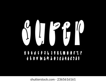 Graffiti tipo de letra largo, alfabeto cómico blanco en el estilo de arte callejero, letras y números minúsculas estrechas, ilustración vectorial 10EPS