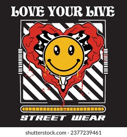 Graffiti love emoticon street wear illustration with slogan love your life