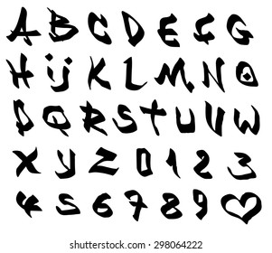 graffiti marker font and number alphabet over white