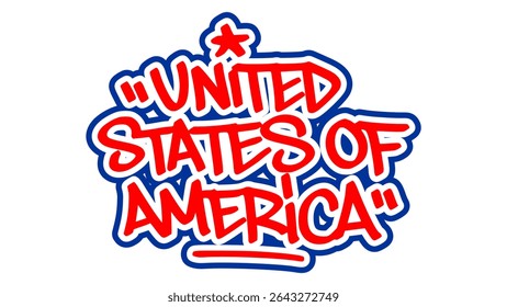Graffiti marker tag “United States of America” with red fill, white inner line, and blue outline on transparent background. Clean, bold, and patriotic urban design.