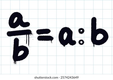 Graffiti mathematical ratio illustration. Bold black spray paint strokes on a grid paper background. Trendy Y2K urban street style. Grunge educational symbols.