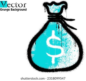 graffiti money bag icon,  vector money bag icon illustration, graffiti  Money Bag icon with over spray in black over blue and white.