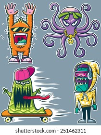 Graffiti Monsters: Set of 4 graffiti monster sticker designs. No transparency and gradients used.